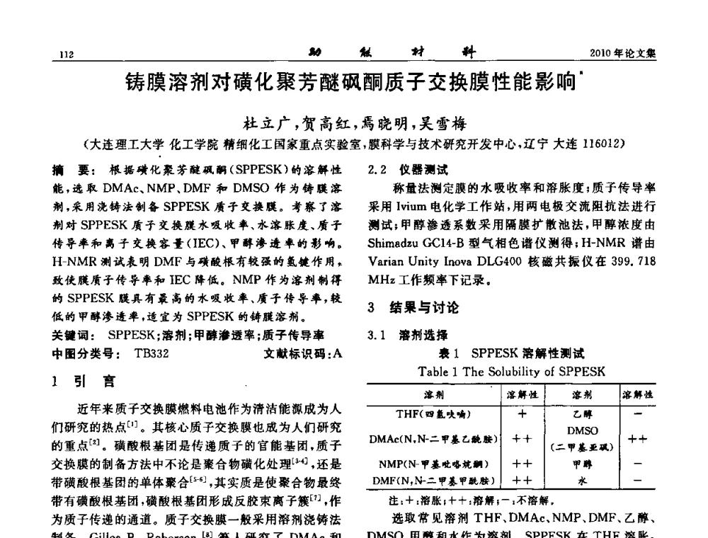 铸膜溶剂对磺化聚芳醚砜酮质子交换膜性能影响 - 第七届中国功能材料及其应用学术会议
