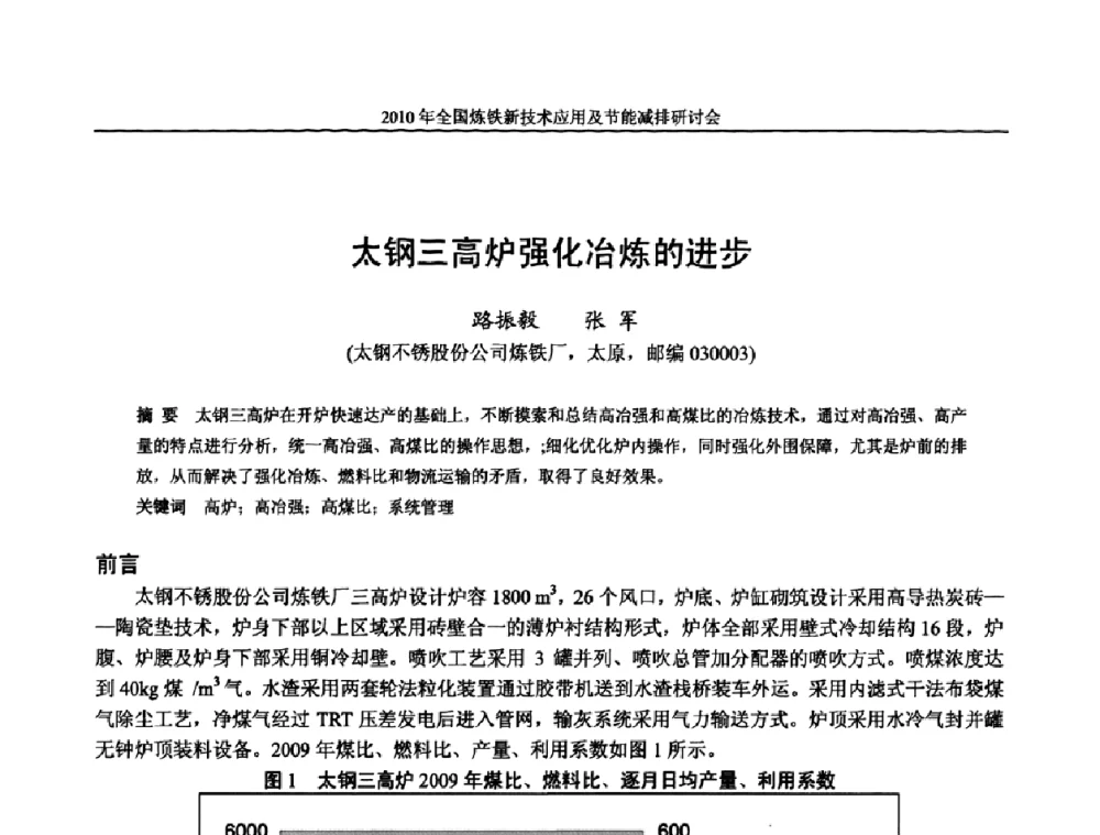 太钢三高炉强化冶炼的进步 - 2010年全国炼铁新技术应用及节能减排研讨会