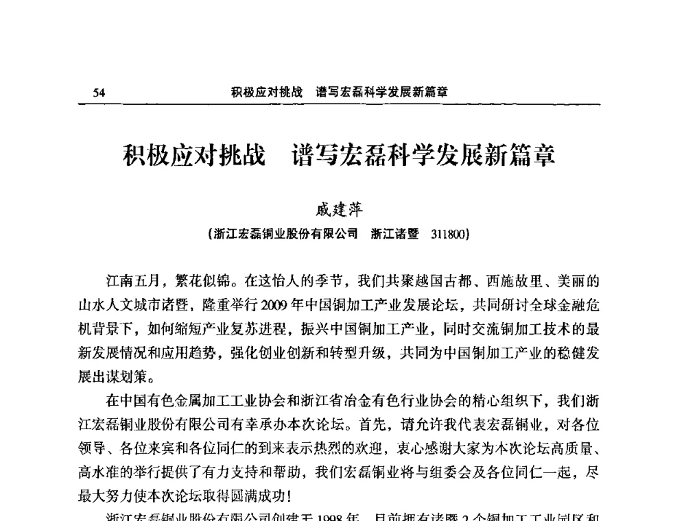 积极应对挑战谱写宏磊科学发展新篇章 - 2009’中国铜加工产业发展论坛