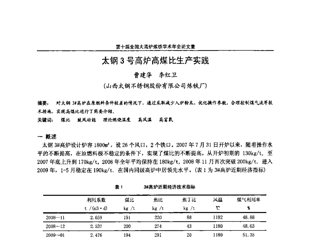 太钢3号高炉高煤比生产实践 - 第10届全国大高炉炼铁学术年会