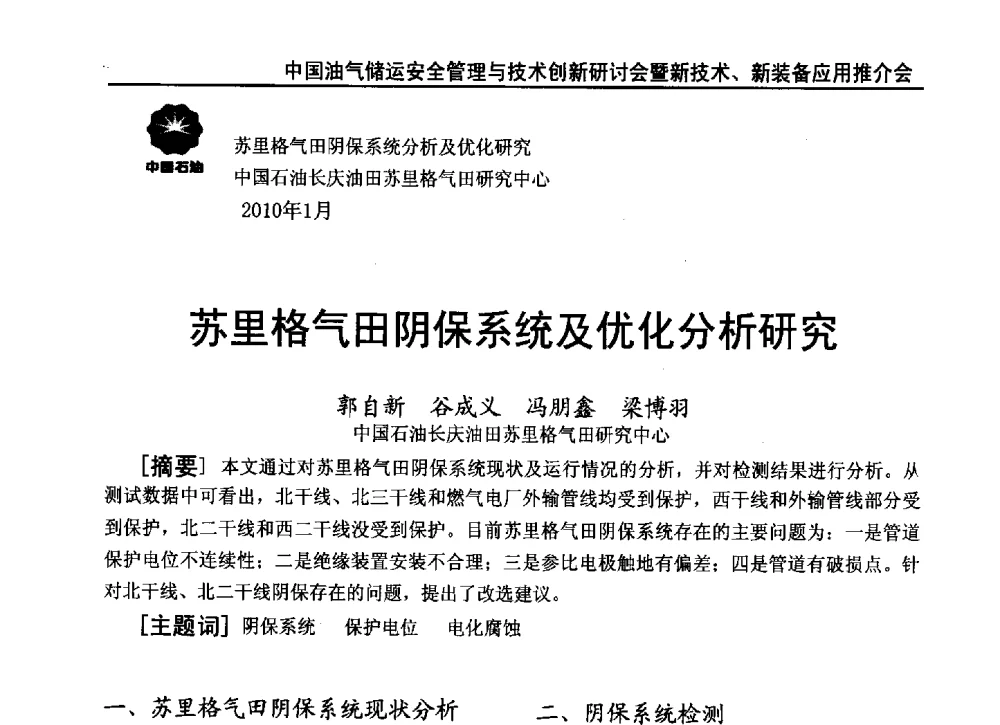 苏里格气田阴保系统及优化分析研究 - 2010中国油气储运安全管理与技术创新研讨会暨新技术、新装备应用推介会