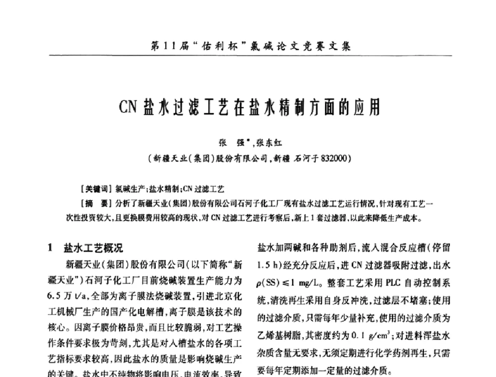 CN盐水过滤工艺在盐水精制方面的应用 - 第28届全国氯碱行业技术年会暨第11届“佑利杯”论文交流会