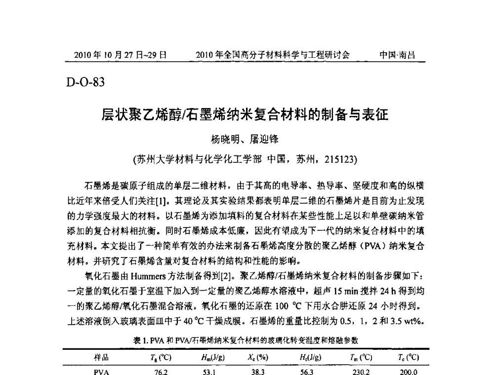 层状聚乙烯醇_石墨烯纳米复合材料的制备与表征 - 2010年全国高分子材料科学与工程研讨会