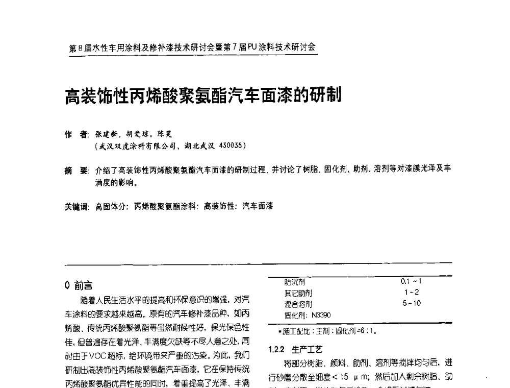 高装饰性丙烯酸聚氨酯汽车面漆的研制 - 第8届水性车用涂料及修补漆技术研讨会暨第7届PU涂料技术研讨会