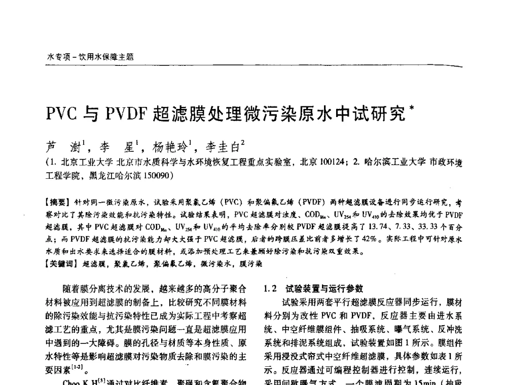 PVC与PVDF超滤膜处理微污染原水中试研究 - 第四届中国城镇水务发展国际研讨会暨中国城镇供水排水协会2009年年会