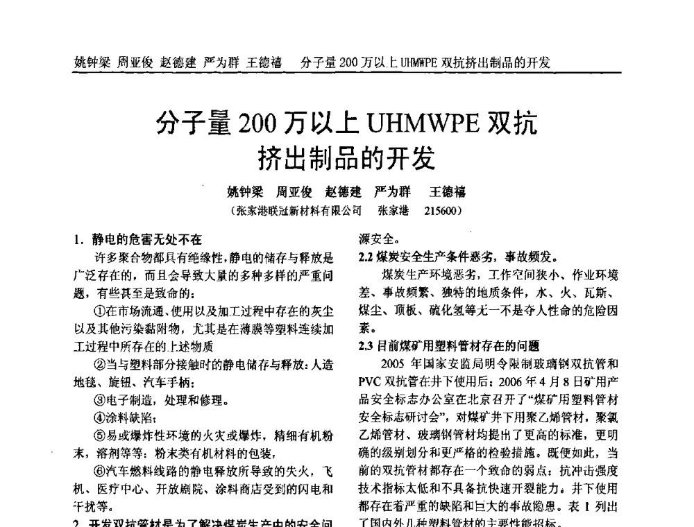 分子量200万以上UHMWPE双抗挤出制品的开发 - 中国塑料加工工业协会专家委员会第二届一次全体大会暨塑料新技术、新材料、新成果交流大会