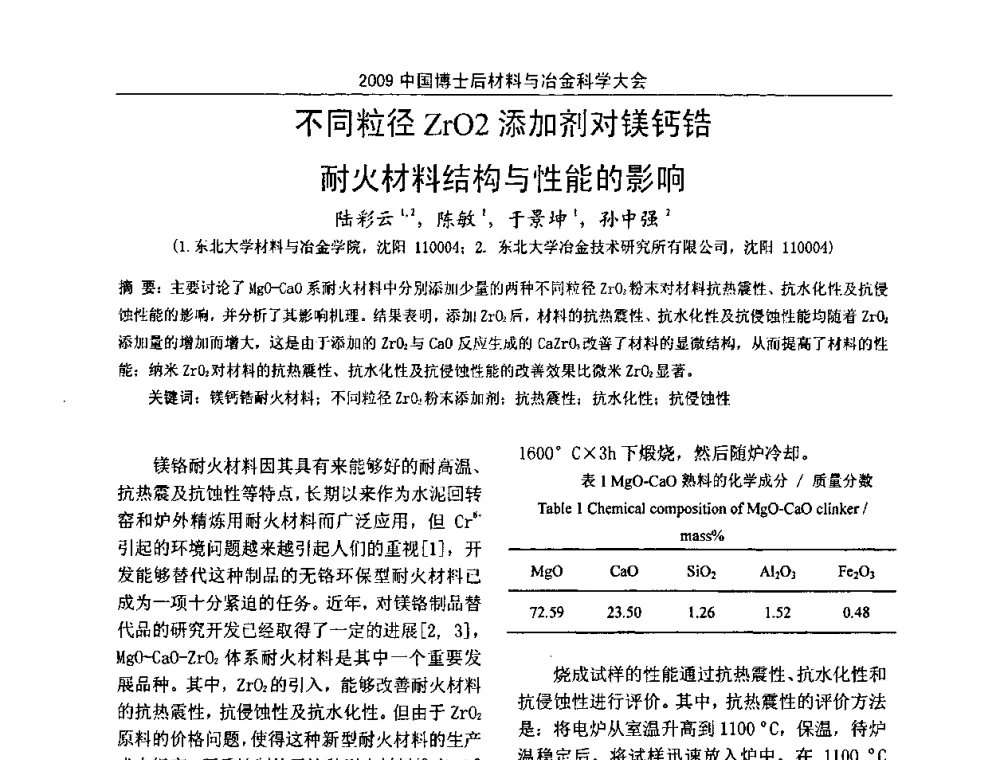 不同粒径ZrO2添加剂对镁钙锆耐火材料结构与性能的影响 - 2009中国博士后材料与冶金科学大会