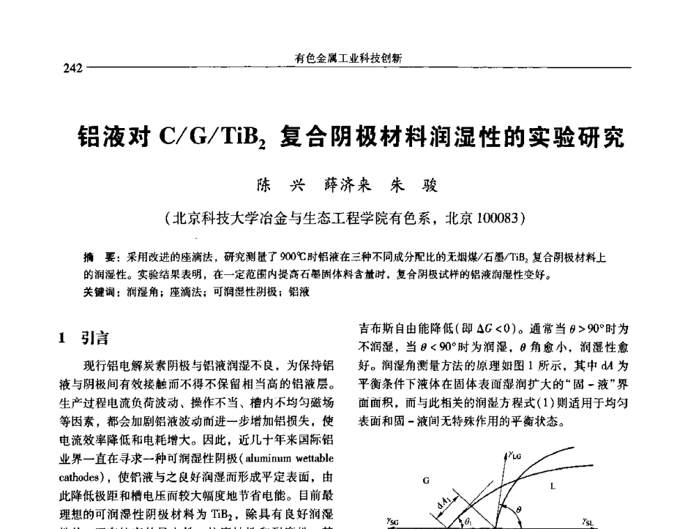 铝液对C_G_TiB2复合阴极材料润湿性的实验研究 - 中国有色金属学会第七届学术年会