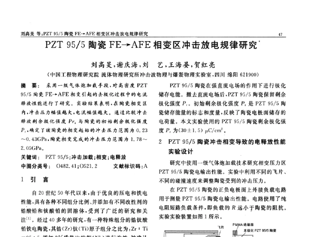 PZT95_5陶瓷FE→AFE相变区冲击放电规律研究 - 第七届中国功能材料及其应用学术会议