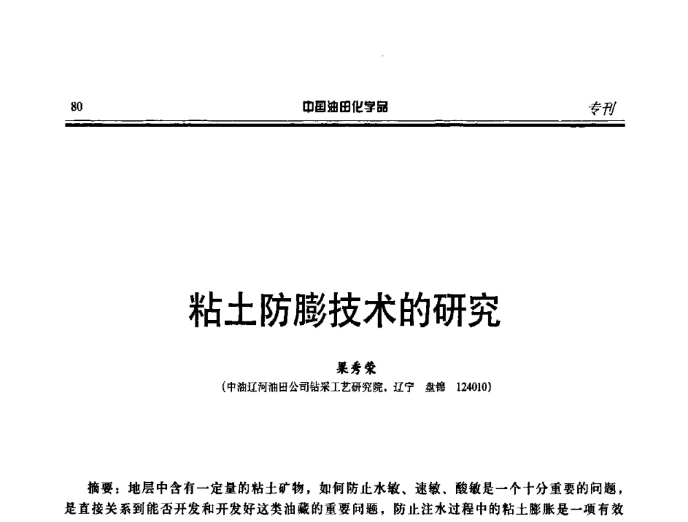 粘土防膨技术的研究 - 第十一届中国油田化学品开发应用研讨会
