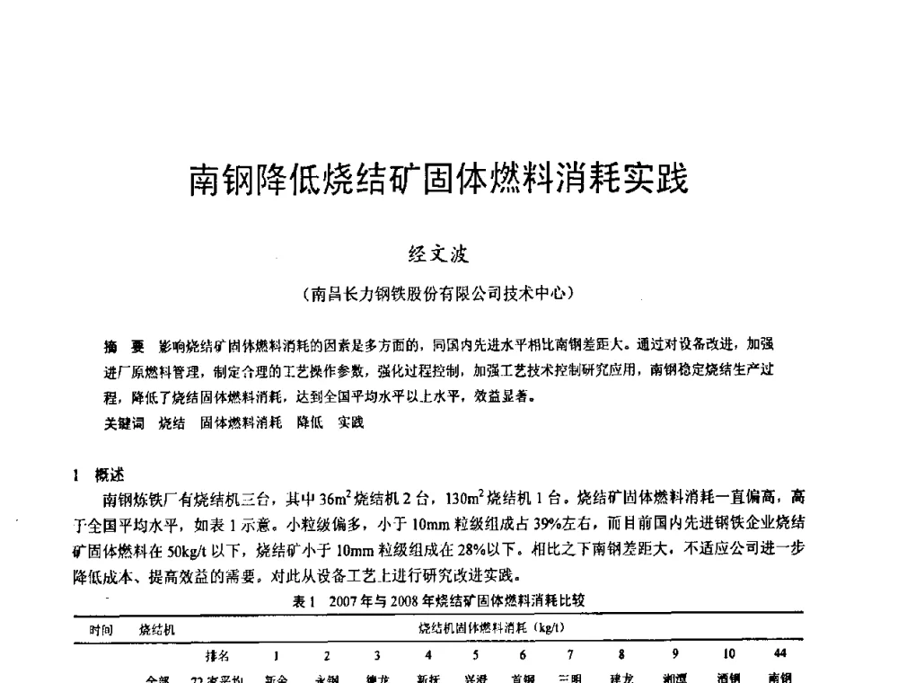 南钢降低烧结矿固体燃料消耗实践 - 2009年中小高炉炼铁学术年会