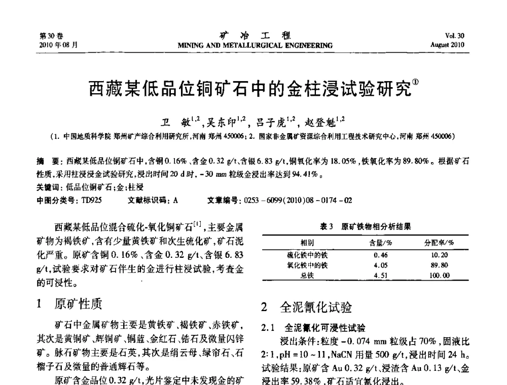 西藏某低品位铜矿石中的金柱浸试验研究 - 第五届全国选矿年会