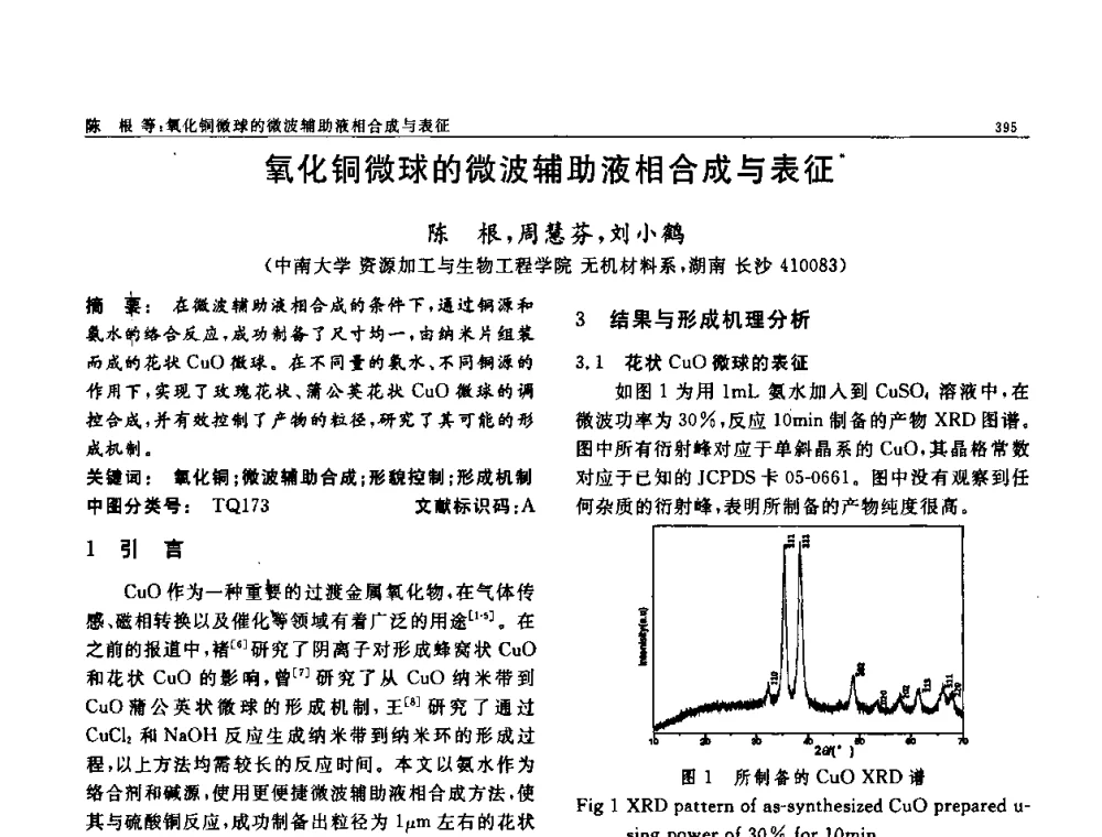 氧化铜微球的微波辅助液相合成与表征 - 第七届中国功能材料及其应用学术会议