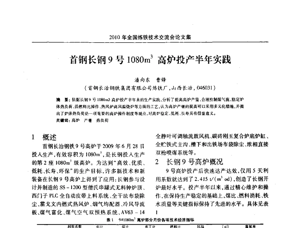 首钢长钢9号1080m3高炉投产半年实践 - 2010年全国炼铁技术交流会