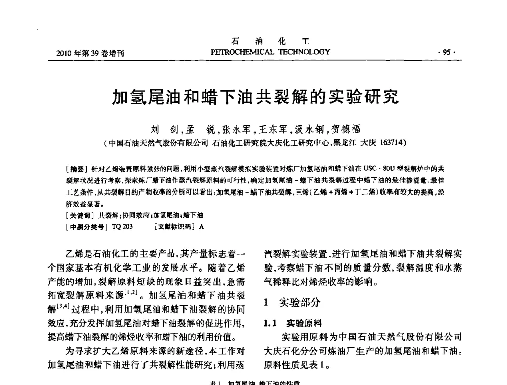 加氢尾油和蜡下油共裂解的实验研究 - 中国化工学会2010年石油化工学术年会