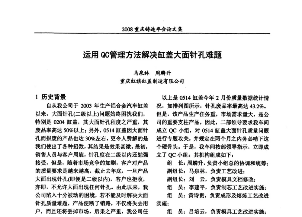 运用QC管理方法解决缸盖大面针孔难题 - 2008重庆市铸造年会、CMPI2008港台沪粤苏浙渝暨中西部压铸合作高峰论坛