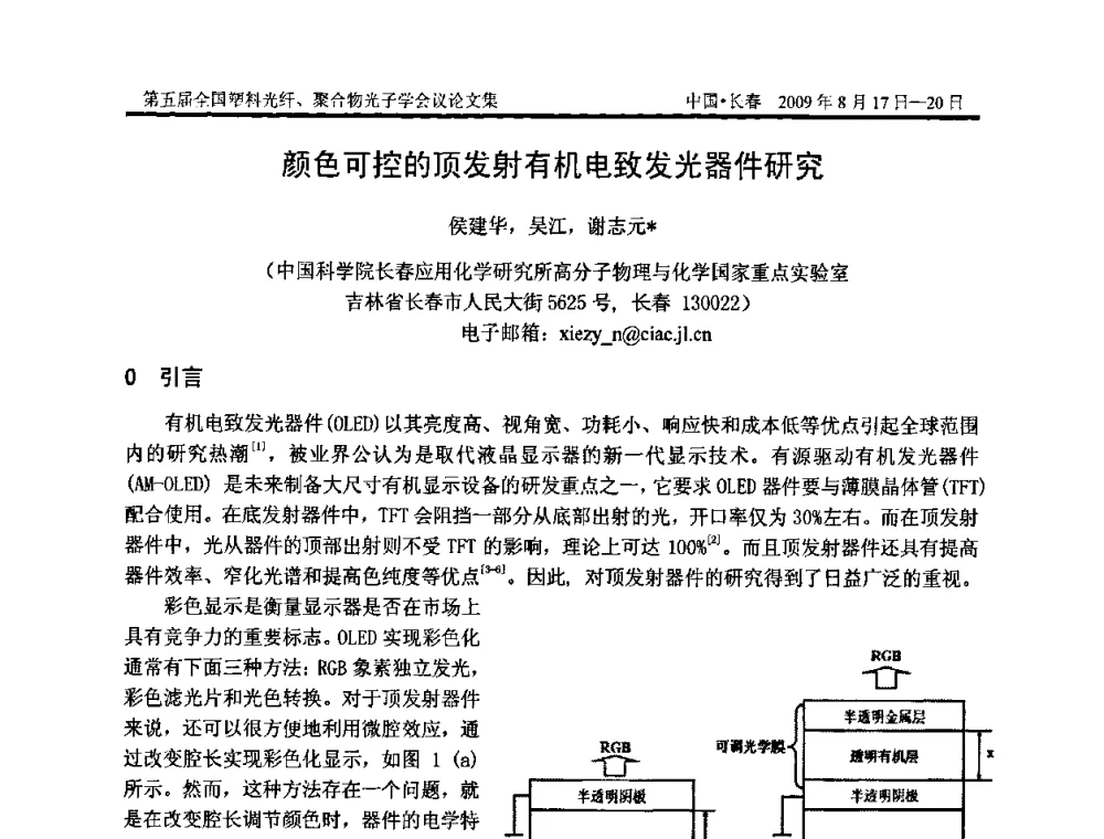 颜色可控的顶发射有机电致发光器件研究 - 第五届全国塑料光纤、聚合物光子学会议
