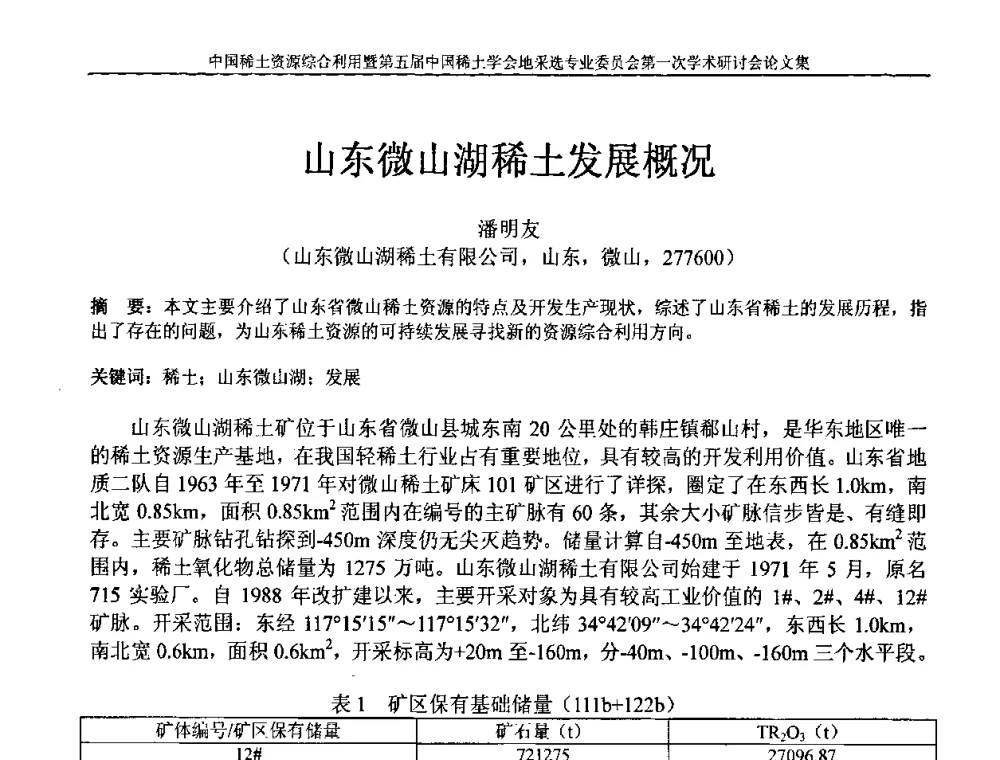 山东微山湖稀土发展概况 - 中国稀土资源综合利用研讨会暨第五届中国稀土学会地采选专业委员会第一次学术会议