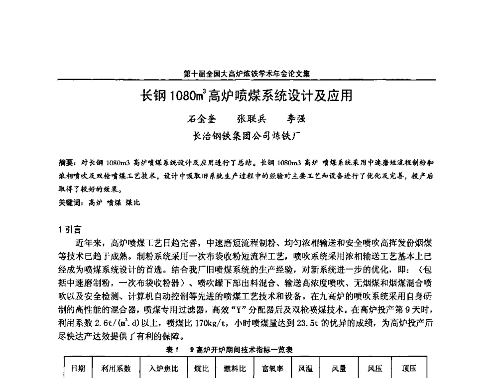 长钢1080m3高炉喷煤系统设计及应用 - 第10届全国大高炉炼铁学术年会