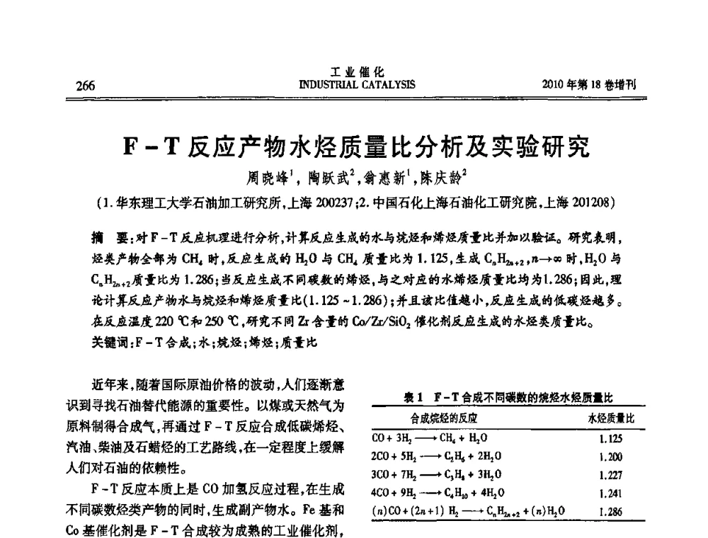 F-T反应产物水烃质量比分析及实验研究 - 第七届全国工业催化技术及应用年会