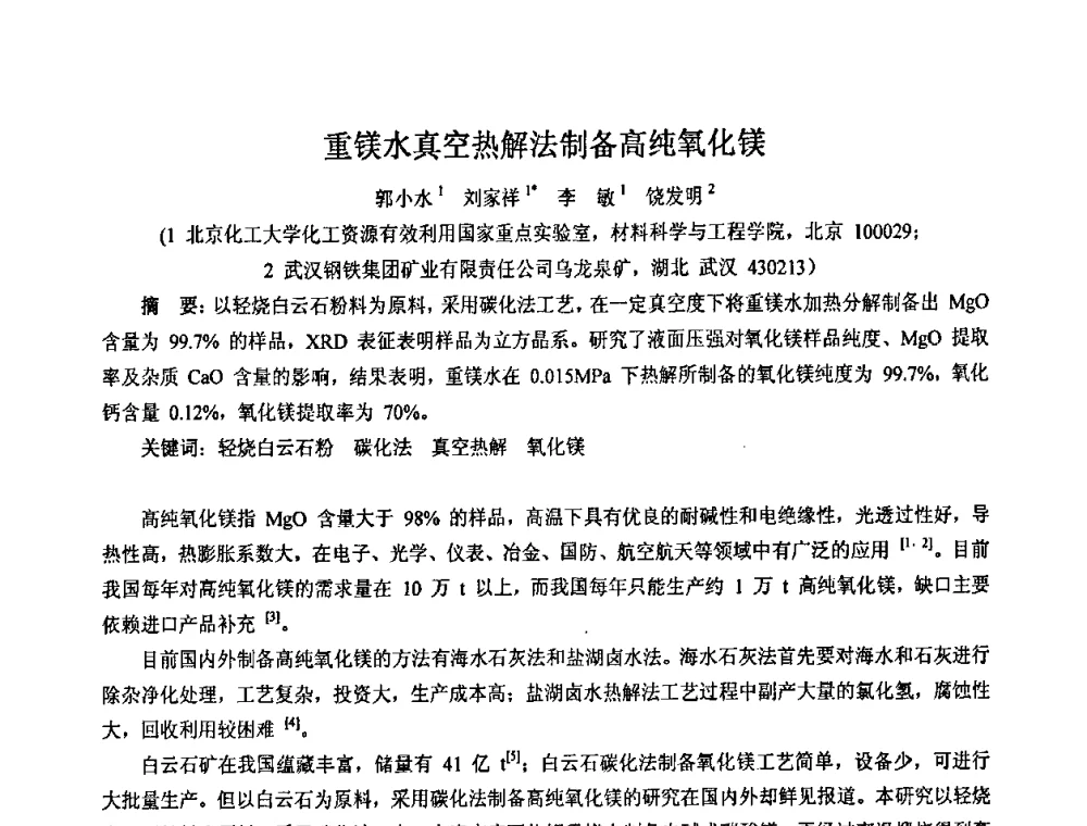 重镁水真空热解法制备高纯氧化镁 - 2008年中国镁盐行业年会