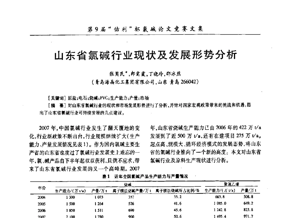 山东省氯碱行业现状及发展形势分析 - 第26届全国氯碱行业技术年会暨第9届“佑利”杯论文交流会