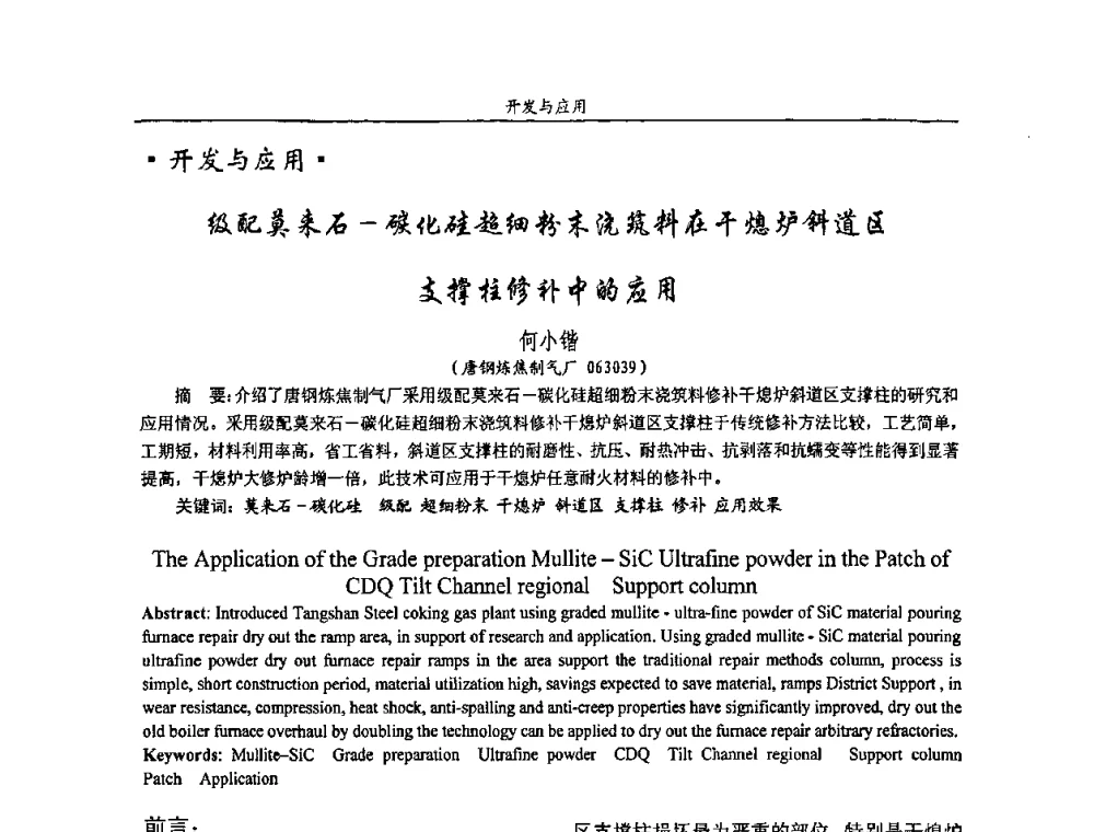 级配莫来石-碳化硅超细粉末浇筑料在干熄炉斜道区支撑柱修补中的应用 - 2008年耐火材料学术交流会