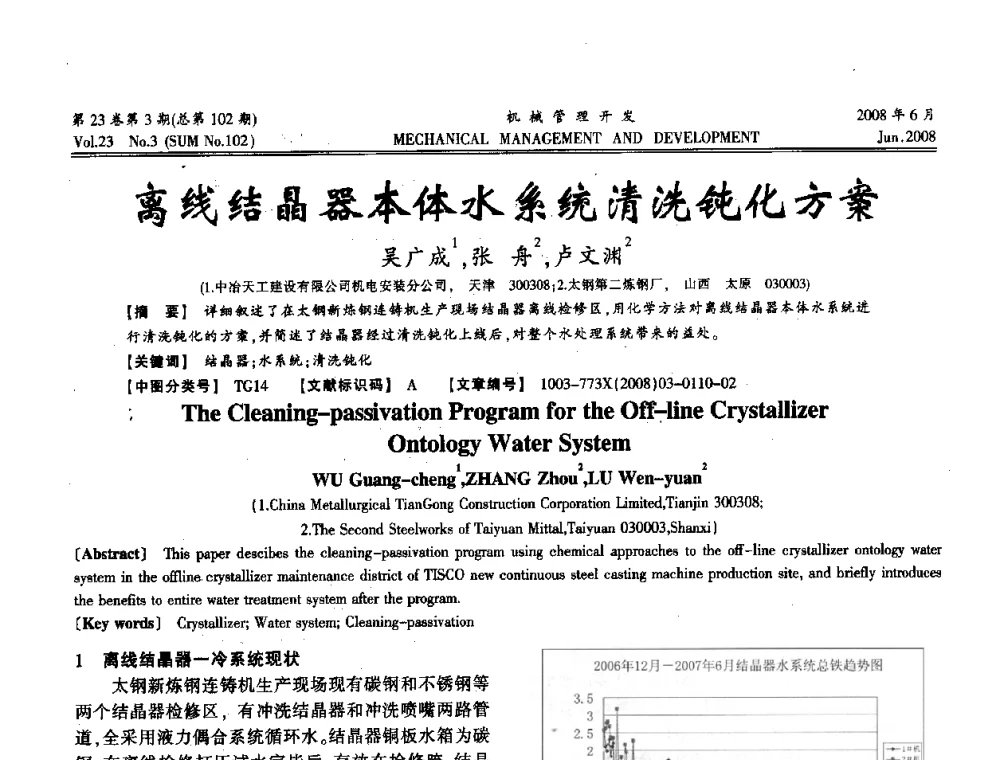 离线结晶器本体水系统清洗钝化方案 - 2008年十三省区市机械工程学会学术年会