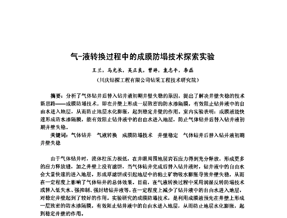 气-液转换过程中的成膜防塌技术探索实验 - 第十届石油钻井院所长会议