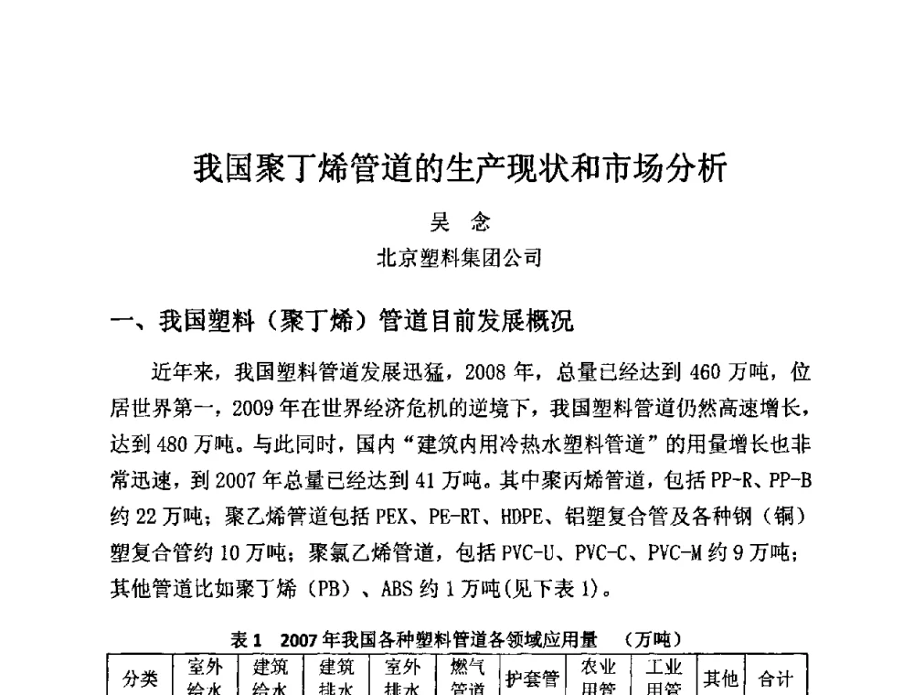 我国聚丁烯管道的生产现状和市场分析 - 第12届全国塑料管道生产和应用技术推广交流会