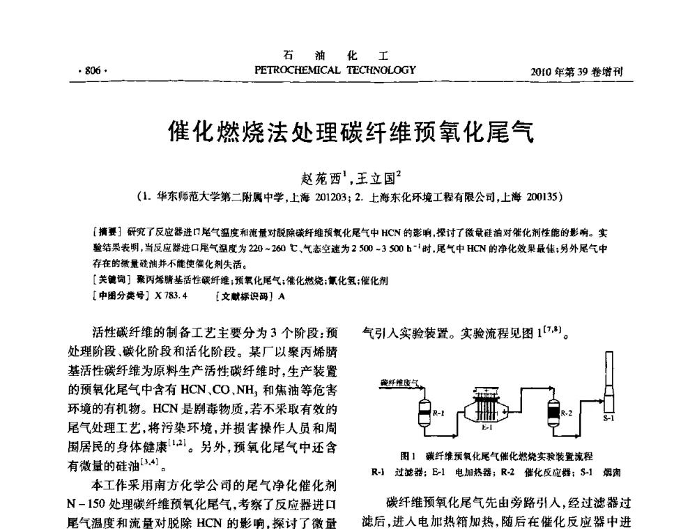 催化燃烧法处理碳纤维预氧化尾气 - 中国化工学会2010年石油化工学术年会