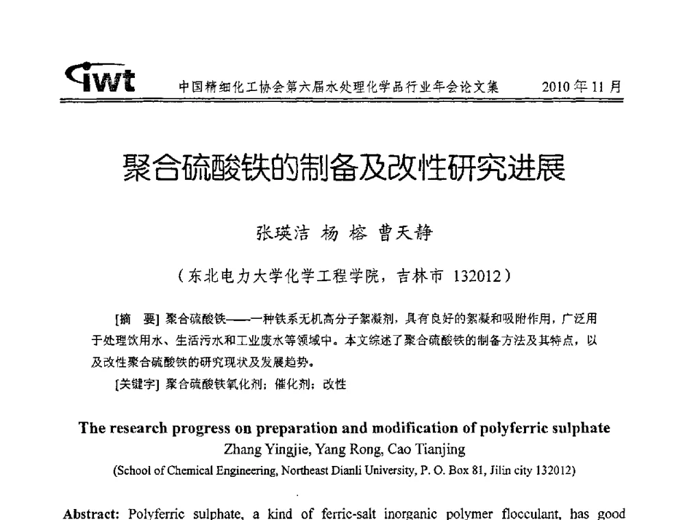 聚合硫酸铁的制备及改性研究进展 - 中国精细化工协会第六届水处理化学品行业年会