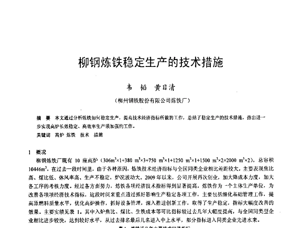 柳钢炼铁稳定生产的技术措施 - 2009年中小高炉炼铁学术年会