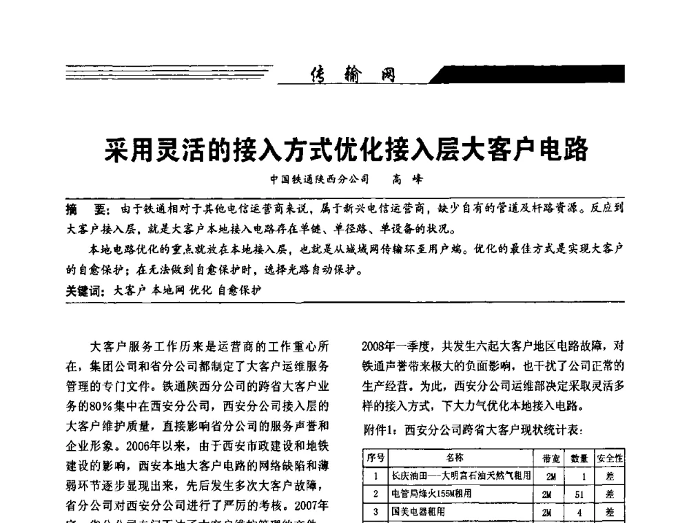 采用灵活的接入方式优化接入层大客户电路 - 陕西省通信学会2009年学术年会