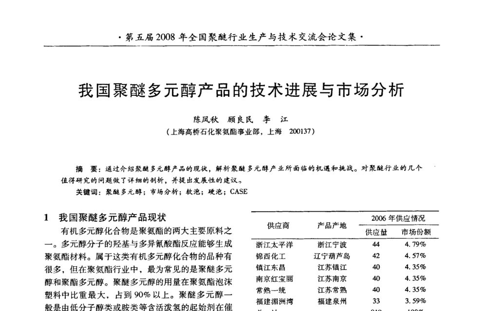 我国聚醚多元醇产品的技术进展与市场分析 - 第五届2008年全国聚醚行业生产与技术交流会