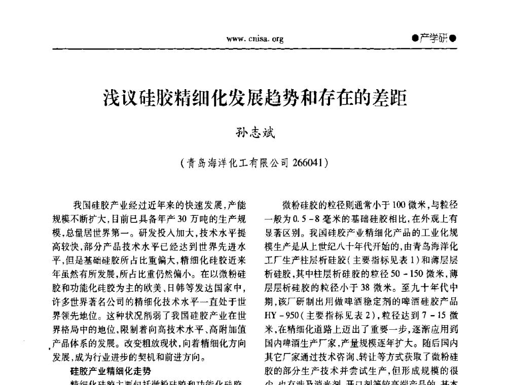 浅议硅胶精细化发展趋势和存在的差距 - 2008全国无机硅化物行业协会年会