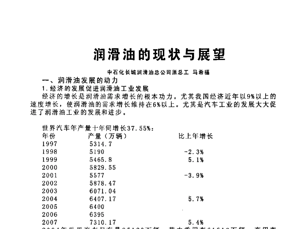 润滑油的现状与展望 - 中国润滑油协会2009第二届年会