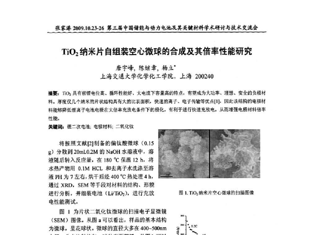 TiO2纳米片自组装空心微球的合成及其倍率性能研究 - 第三届中国储能与动力电池及其关键材料学术研讨与技术交流会