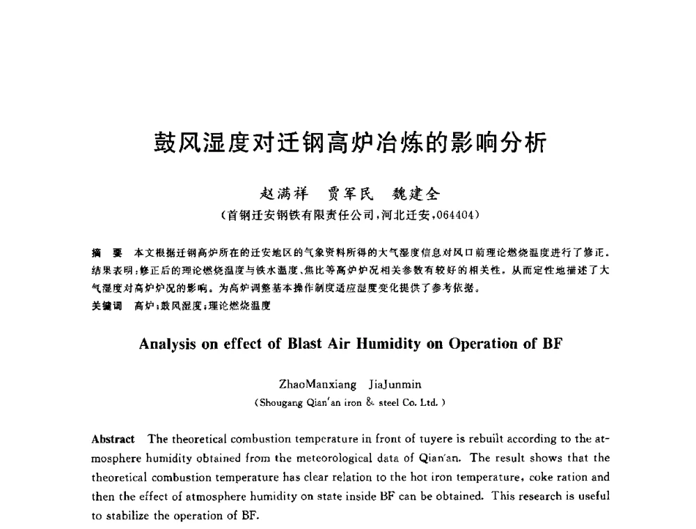 鼓风湿度对迁钢高炉冶炼的影响分析 - 2010年全国炼铁生产技术会议暨炼铁年会