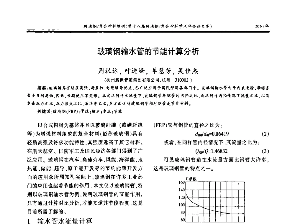 玻璃钢输水管的节能计算分析 - 第十八届玻璃钢_复合材料学术年会
