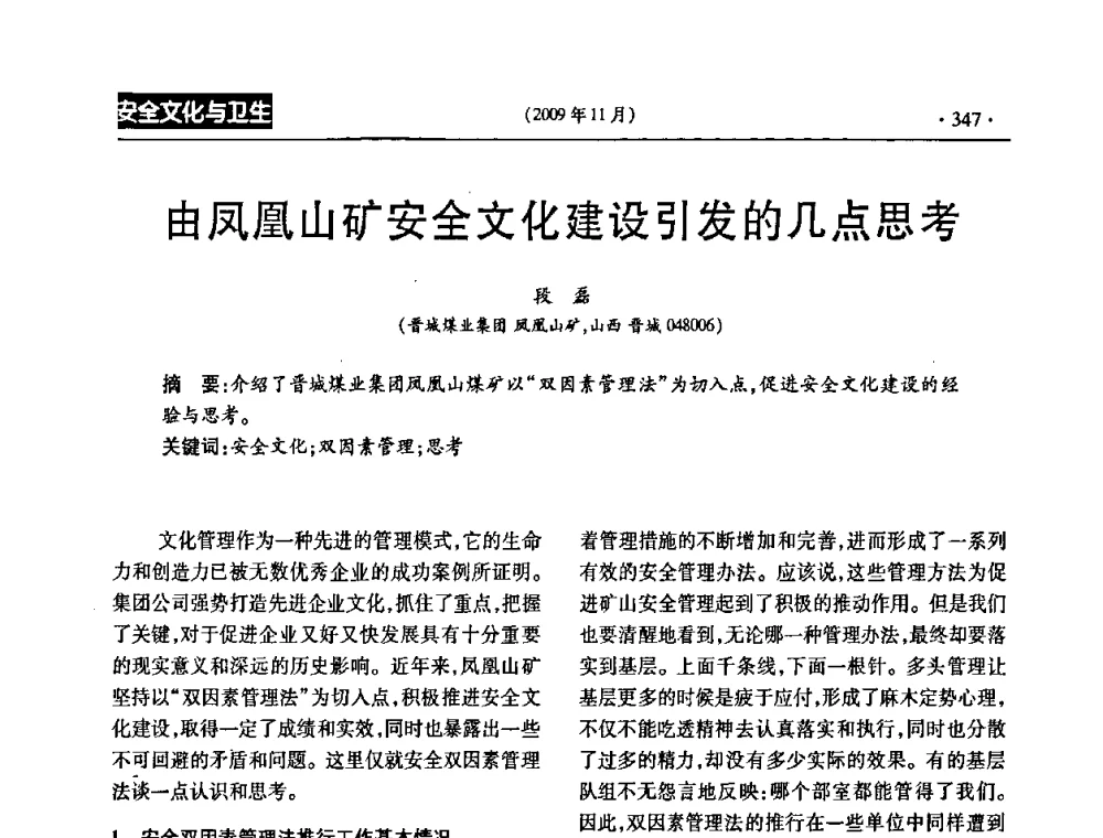 由凤凰山矿安全文化建设引发的几点思考 - 第三届全国煤矿安全生产论坛