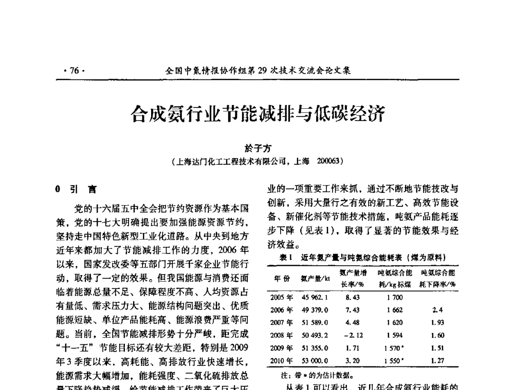 合成氨行业节能减排与低碳经济 - 全国中氮情报协作组第29次技术交流会