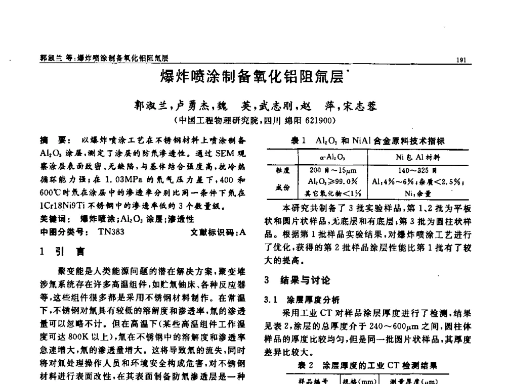 爆炸喷涂制备氧化铝阻氚层 - 第七届中国功能材料及其应用学术会议