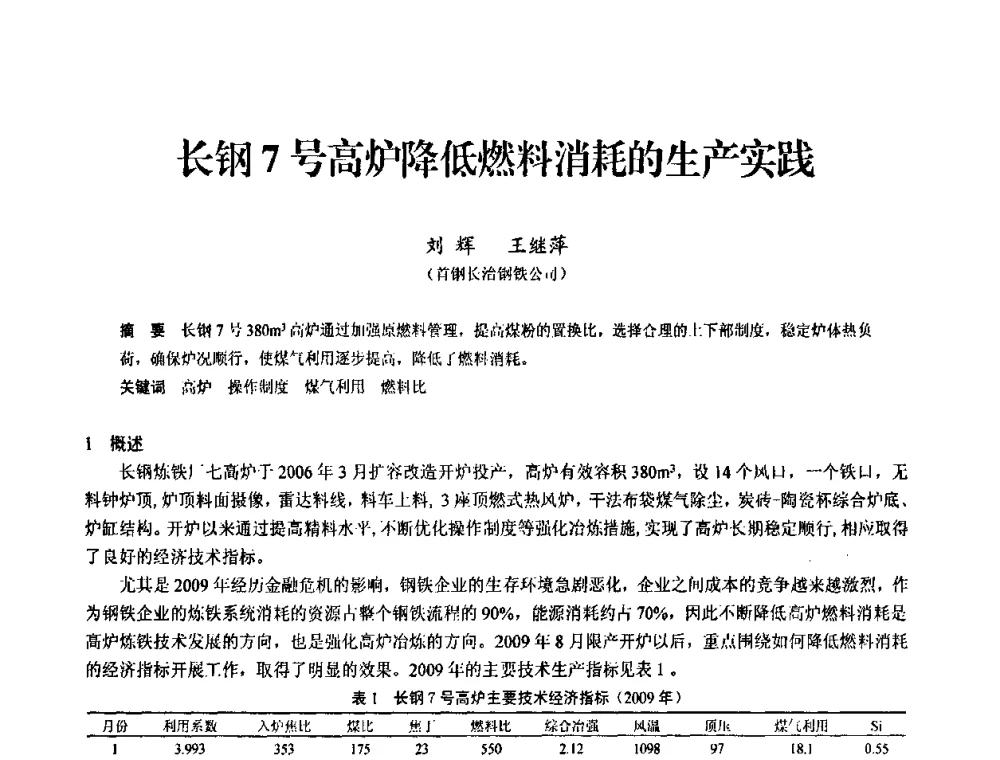 长钢7号高炉降低燃料消耗的生产实践 - 2010中小高炉炼铁学术年会