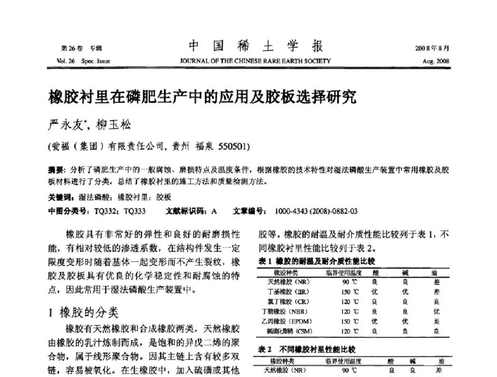橡胶衬里在磷肥生产中的应用及胶板选择研究 - 2008年全国冶金物理化学学术会议