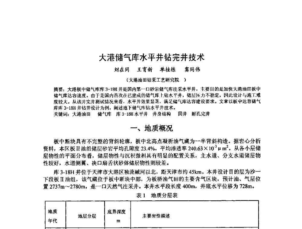 大港储气库水平井钻完井技术 - 第十届石油钻井院所长会议