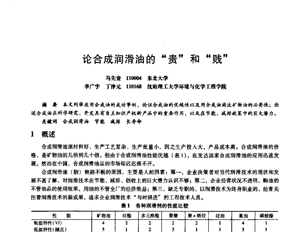 论合成润滑油的“贵”和“贱” - 第八届全国设备与维修工程学术会议暨第十三届全国设备监测与诊断学术会议