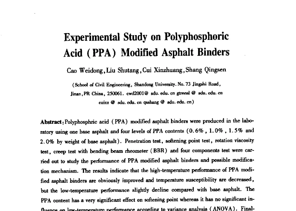 Experimental Study on Polyphosphoric Acid (PPA) Modified Asphalt Binders - 第三届中国沥青材料国际学术会议