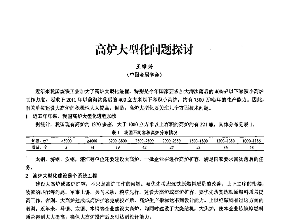 高炉大型化问题探讨 - 2010中小高炉炼铁学术年会