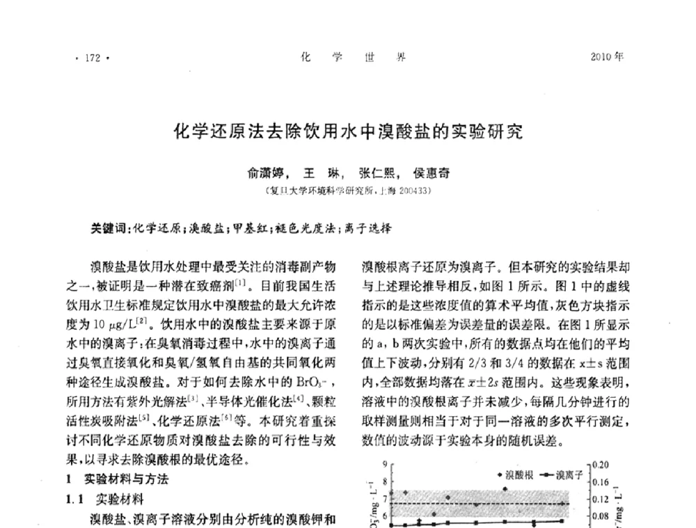 化学还原法去除饮用水中溴酸盐的实验研究 - 上海市化学化工学会2010年度学术年会